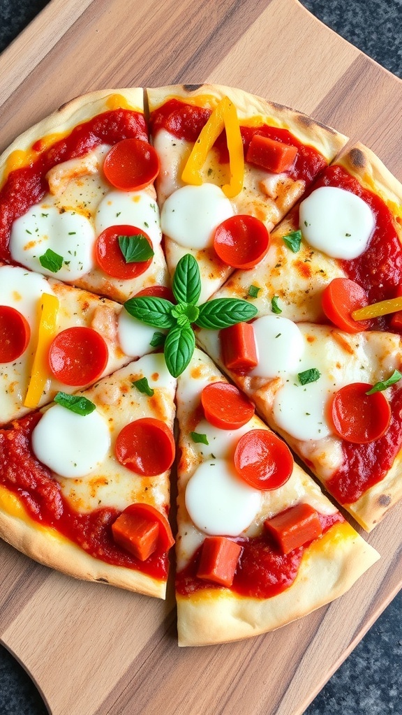 No Crust Pizza Recipe A no crust pizza with a cheesy base, topped with marinara sauce, mozzarella, and assorted toppings on a wooden board.